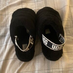 UGG Black Fuzzy Slippers with Logo Strap Size 8